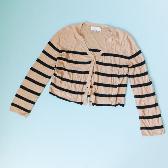 La Ligne Serge Tan Black Striped Linen Blend Cardigan Sweater Size Medium - Picture 2 of 8